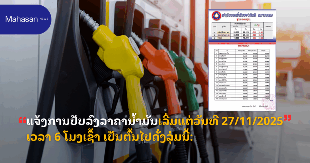 ແຈ້ງການປັບລົງລາຄານ້ຳມັນເລີ່ມແຕ່ວັນທີ 27/11/2025 ເວລາ 6 ໂມງເຊົ້າ ເປັນຕົ້ນໄປດັ່ງລຸ່ມນີ້: